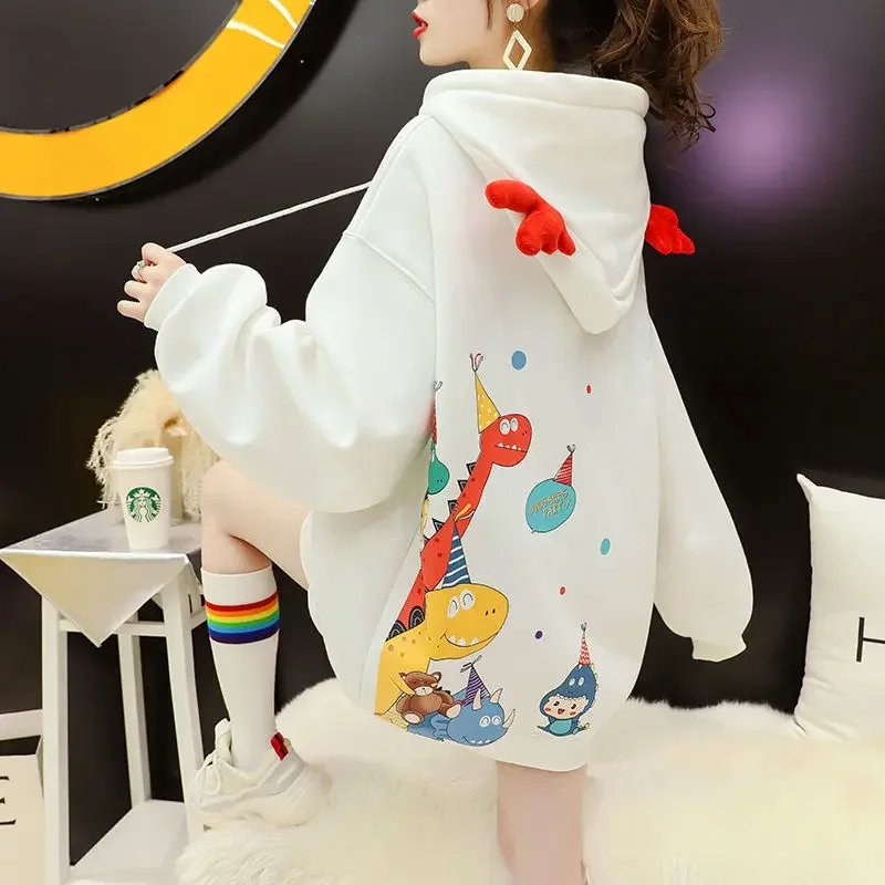 Cute Casual Dinosaur Hooded Pullover Women Spring Harajuku Black High Street Pink Hoodies Kawaii Fall Sweatshirt Tops Loose Girl retro dinosaur pink thick harajuku sweatshirt hip hop korea women cheap clothing hoodies winter lovers wild personality tops