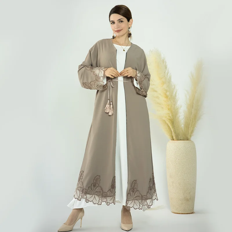 Women's Muslim Abaya Dress, Lace Trimmed Cardigan Robe, Monochromatic, Middle East, Islam, Dubai, Abaya