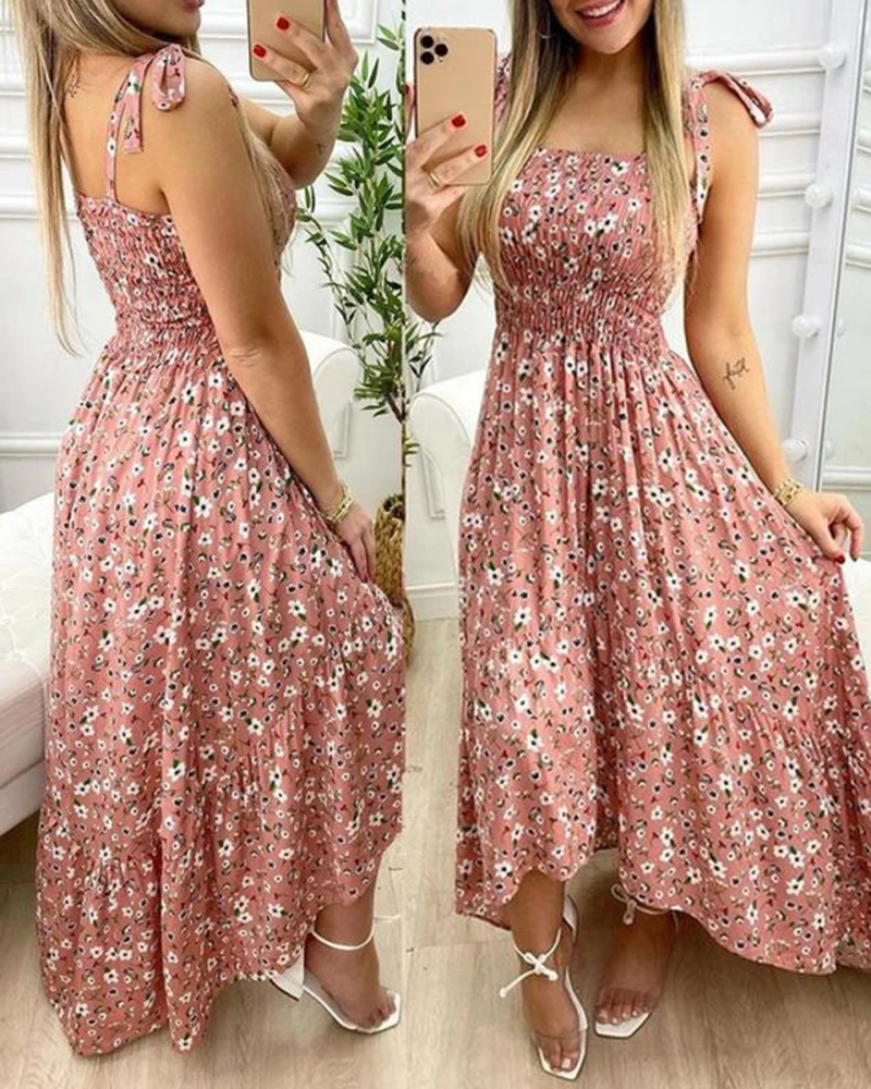 

Summer Sexy Spaghetti Strap Floral Print Maxi Dress For Women 2023 Casual Elegant Chest Wrap Long Woman Beach Dress Holiday