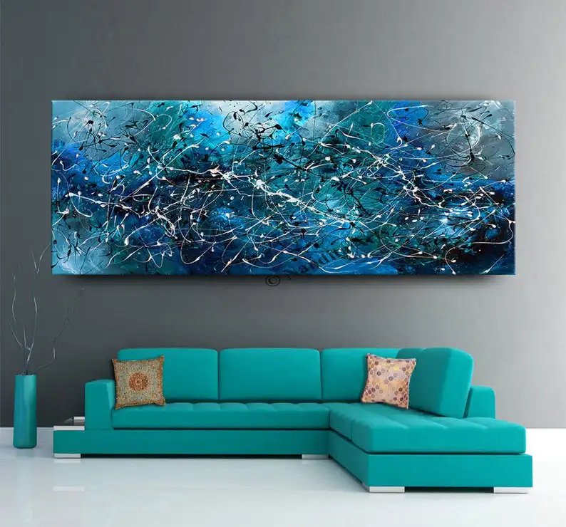 Jackson Pollock Style Wall Art Blue Painting On Canvas By Huge Modern Art, Canvas Art, Contem Big Abstract Office Canvas Art.