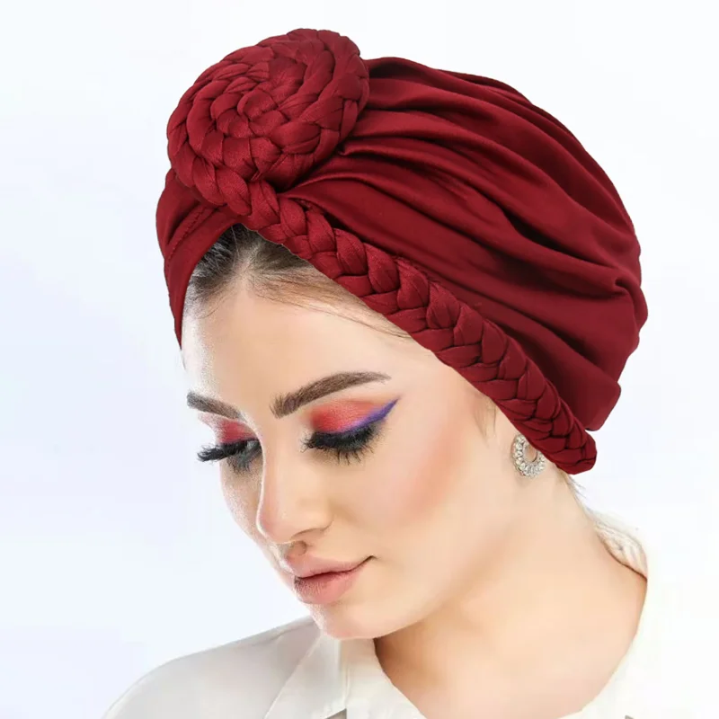 KepaHoo Solid Color Braided Women Hijab Caps Muslim Wrap Head Turban Bonnet Fashion Headdress Islamic Clothing Accessories 3