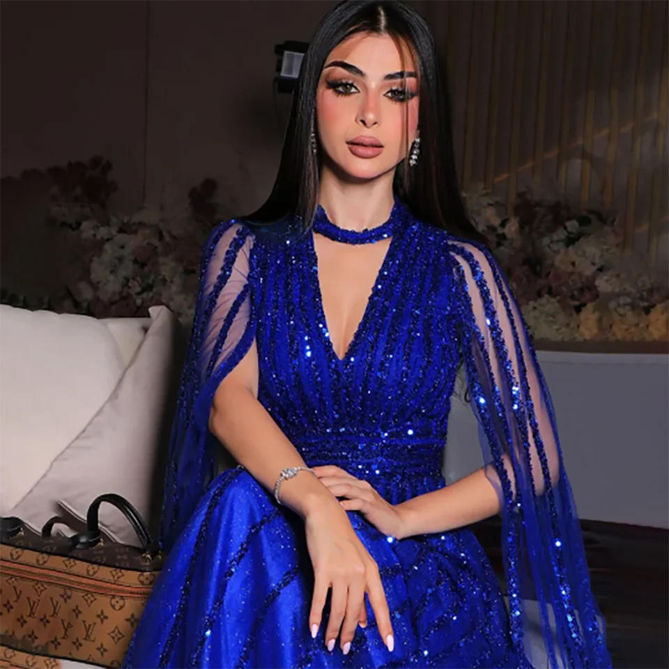 Customized Charming Royal Blue V Neck Sequin Beaded A Line Wedding