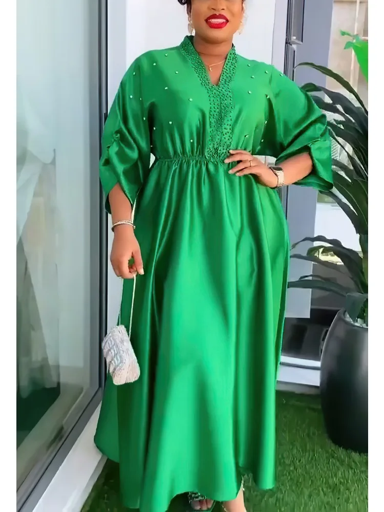 

Women Elegant Shiny Satin Loose Party Dress V Neck Beading High Waist Long Gowns Formal Celebrate Evening Event Birthday Robes