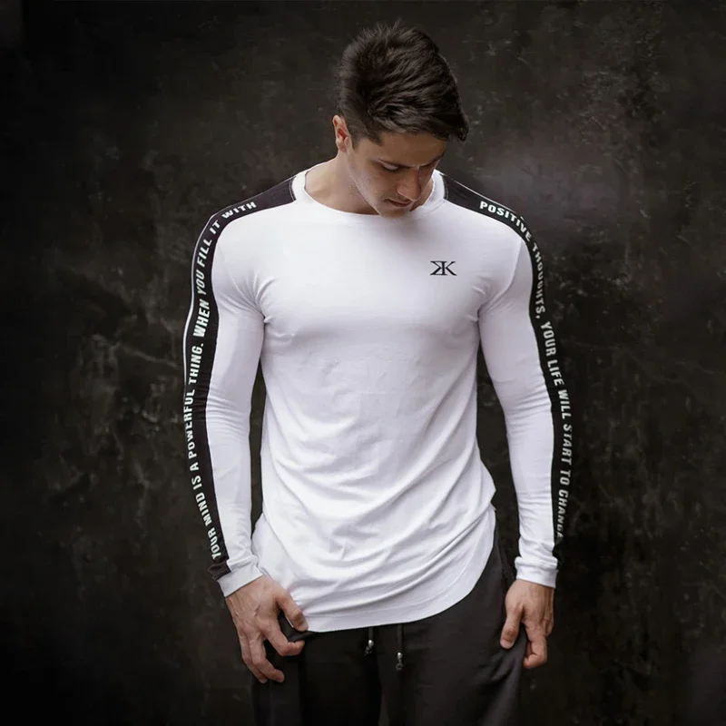

2024 Men's Long Sleeved T-Shirt Gym Sports Fitness Tights Clothing Quick Drying Elastic Round Neck Bottom Shirt Training Clothes
