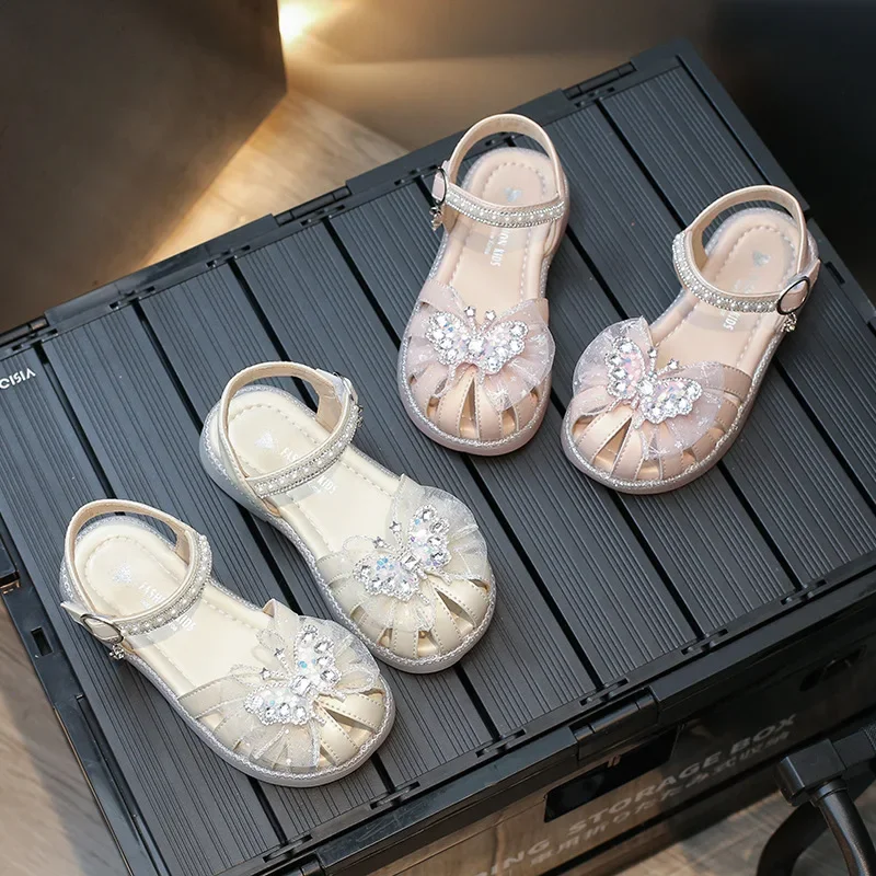

Summer Little Girl Sandal Rhinestone Butterfly Children Causal Princess Cut-outs Flat Sandals Fashion Kids Pearl Dress Sandals