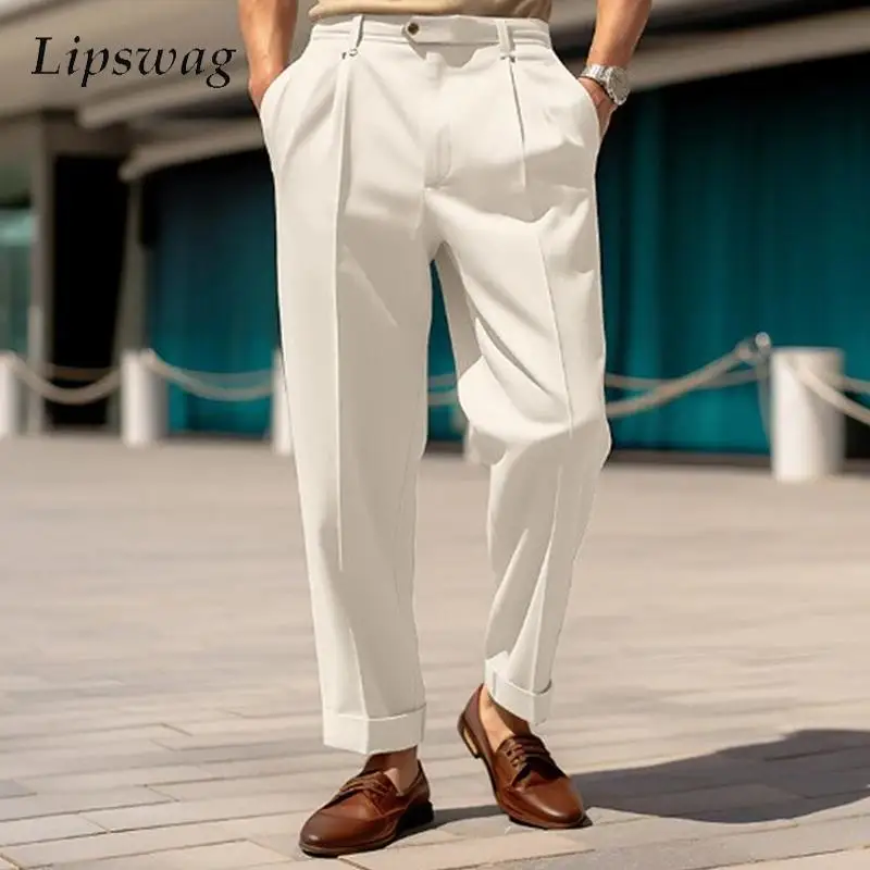 

Fashion Suit Pants Mens Casual Office Formal Business High Waist Trousers Mens Autumn Vintage Solid Color Straight Pants For Men