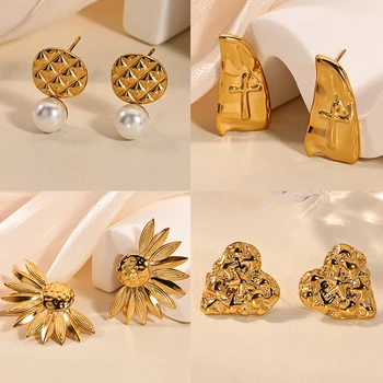 Gold Color Sun Flower Earrings for Women Stainless Steel Geometric Cross Heart Earrings Fashion Waterproof Jewelry Gifts