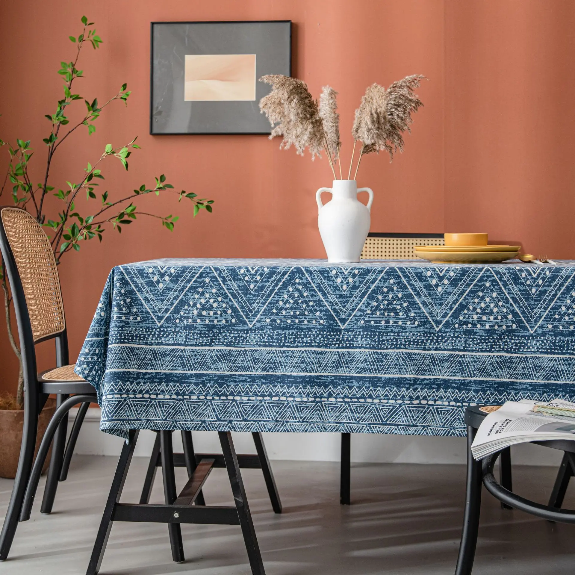 Home European tablecloth Blue geometric triangle print blog cotton linen rectangular table cloth end table cover