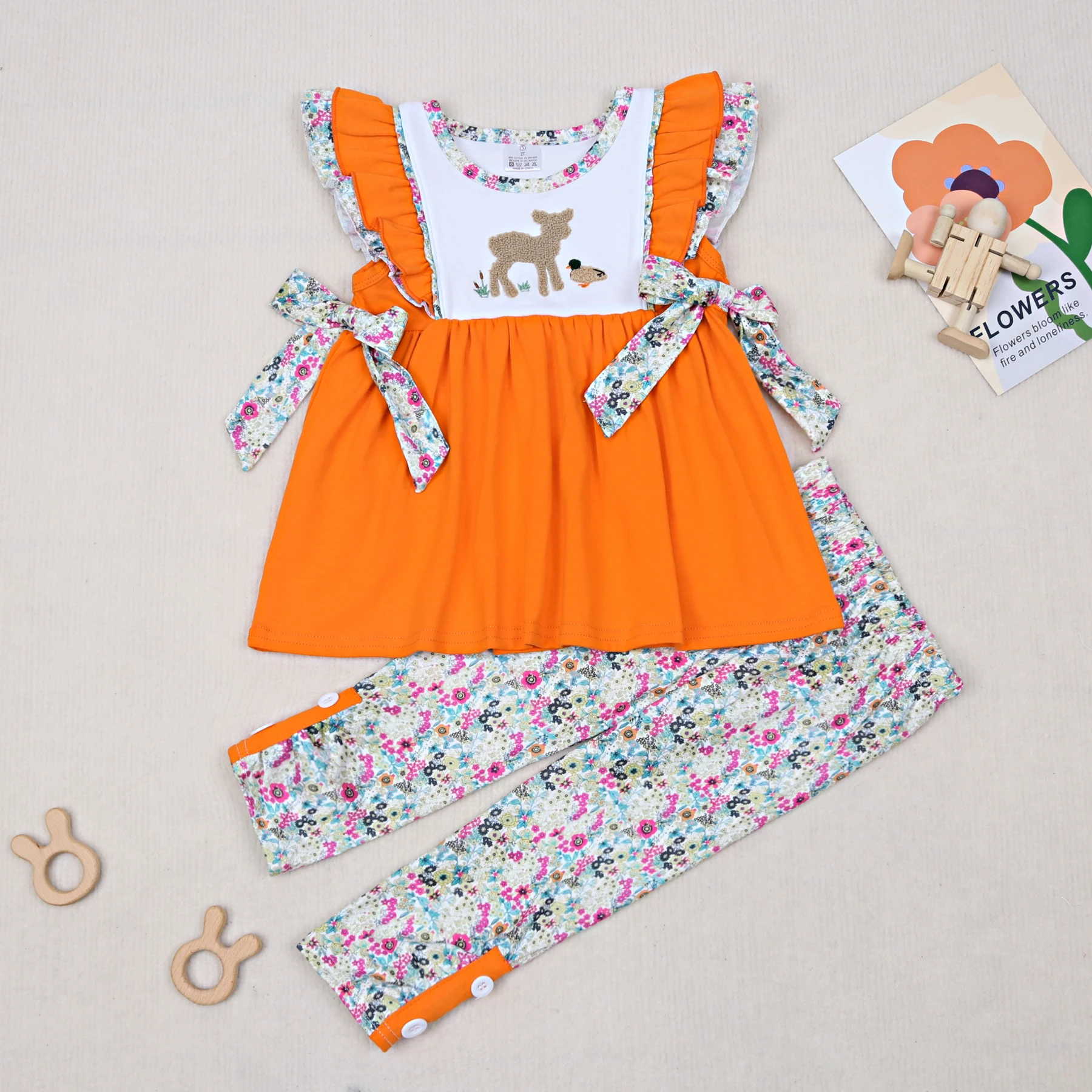 

French Knot Baby Girls Clothes Floral Bows Children Outfits Cotton Orange Ruffles Kids Set Farm Embroidery Toddler Suit