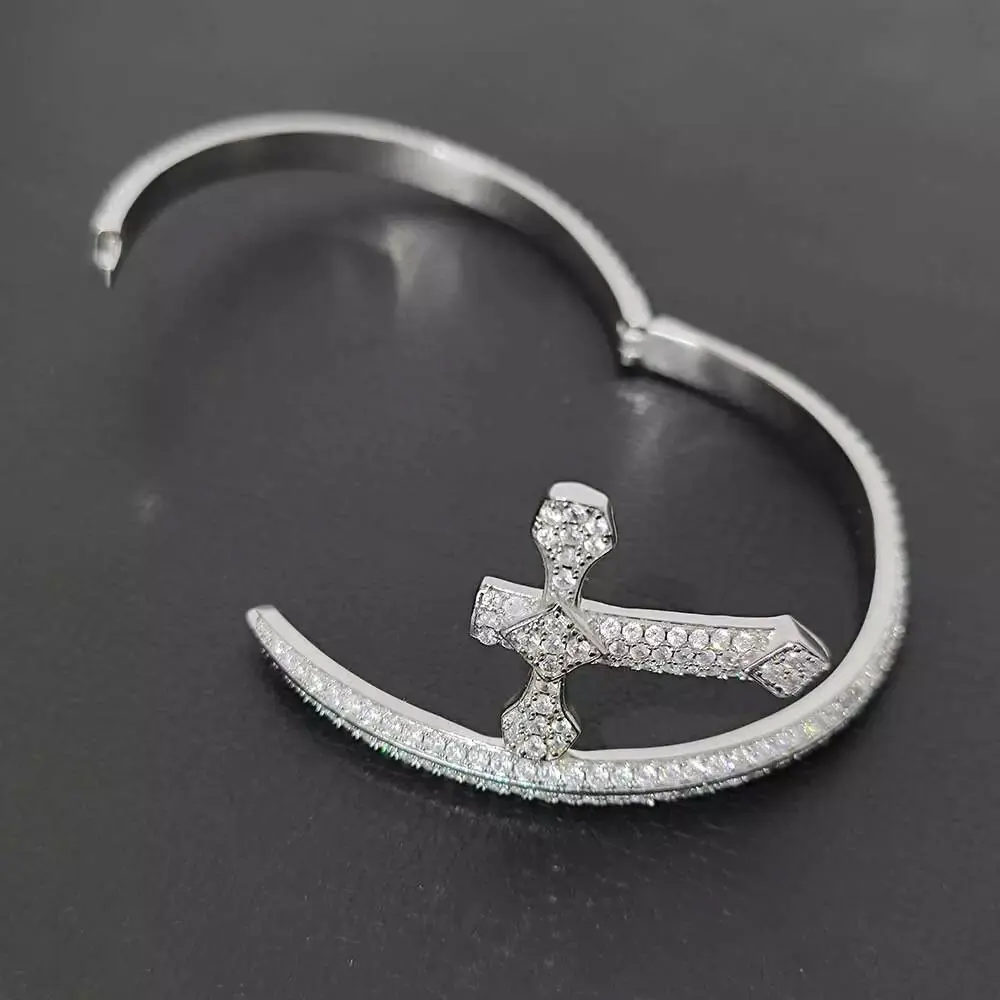 Custom Fashion Women Men Sword of Justice Cross Bangles Hip Hop 2Row Luxury Diamond CZ Cubic Zirconia Cuff Bracelet