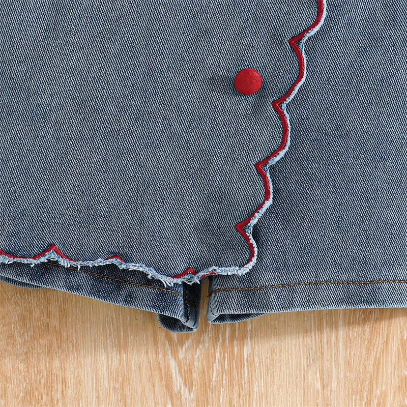 FOCUSNORM 2-7Y Mode Kleine Mädchen Sommer Kleidung Sets Kontrast Farbe Revers V-ausschnitt Tank Tops + Denim Röcke 2 stücke – Detail 7