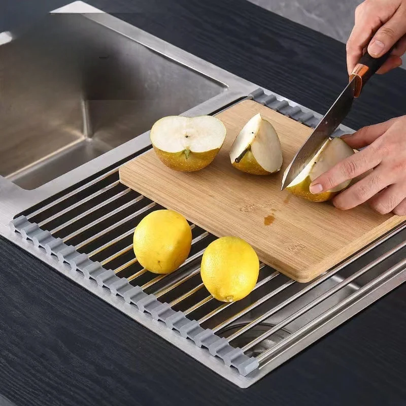 Roll Up Dish Drainer Shelf Stainless Steel Sink Drying Holder Foldable Food Rack Fruit Vegetable Washing Stand Kitchen Organizer 5
