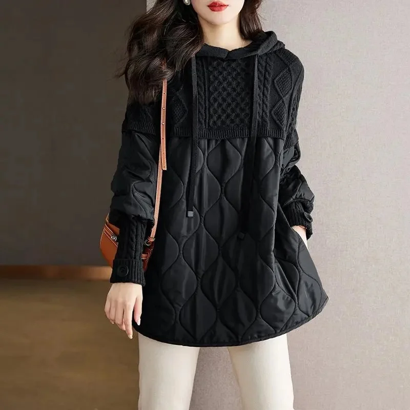 

Women's Winter Parka Fashion Down Cotton Jacket Ladies Coat Knitting Appear Thin Hooded Female Jacket 2024 New