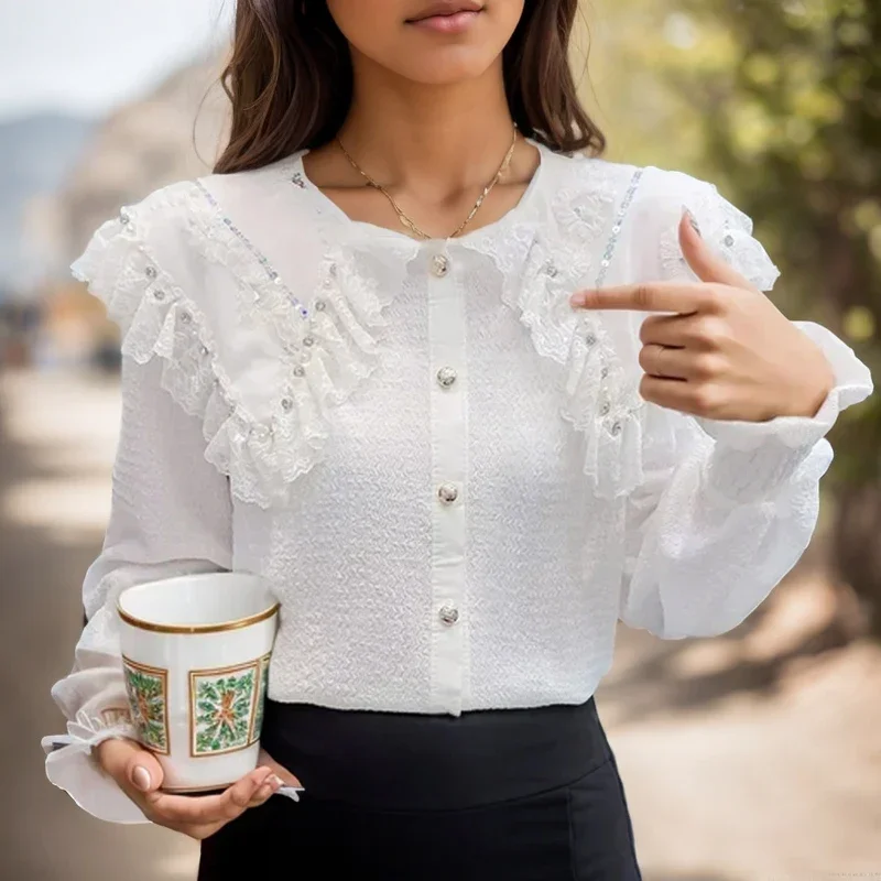 

Fashion Long Sleeve Peter Pan Collar Blouse Beading White Women Korean Sweet Shirt Elegant Women Ruffled Solid Tops Blusas 29724