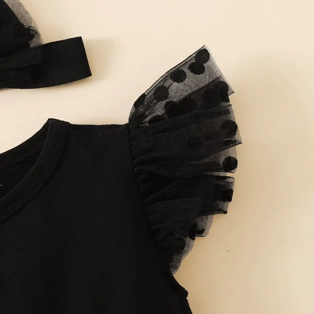 Cute Cotton Baby Girl Princess Dress Lace Mesh Bowknot Baby Girl Bodysuit Short Sleeve Sweet Infant Dress with Headband Birthday