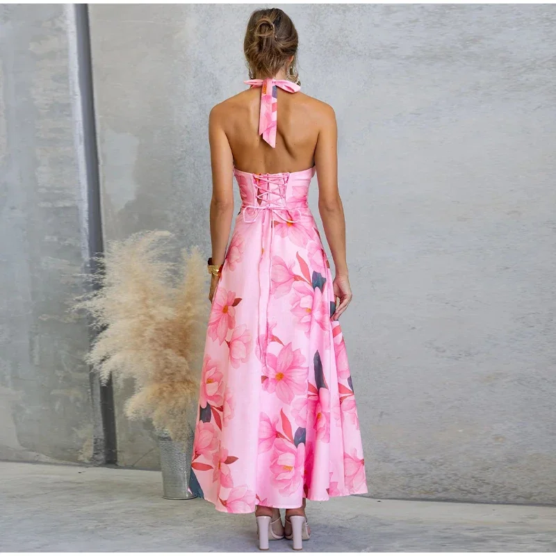 Damen-Maxikleid mit Blumendruck, Neckholder, tiefem V-Ausschnitt, ärmellos, hohe Taille, Schnürkleider, lässig, für den Urlaub, Strand, Streetwear – Detail 4