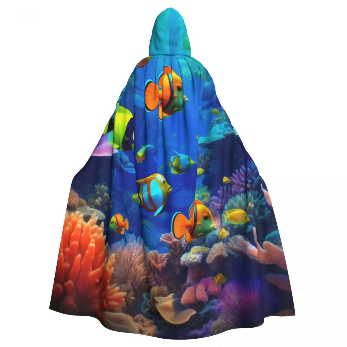 

Underwater Tropical Fish Corals Cloak Hooded Cosplay Costume Halloween Adult Long Party Cape