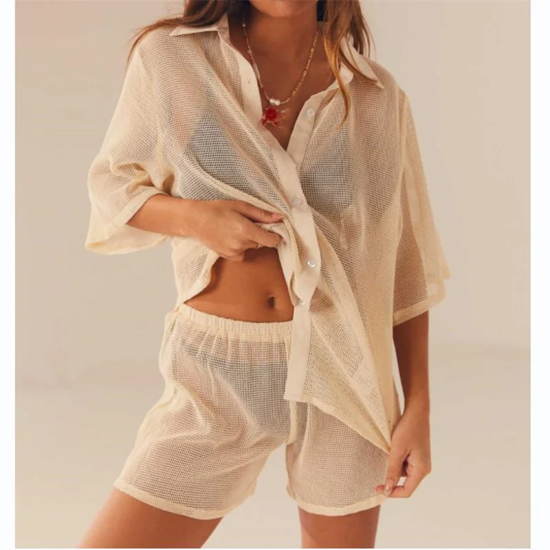 

Женский комплект с шортами, тонкая сетчатая Свободная рубашка с коротким рукавом и пуговицами на пуговицах и шорты с эластичным поясом, летняя повседневная одежда