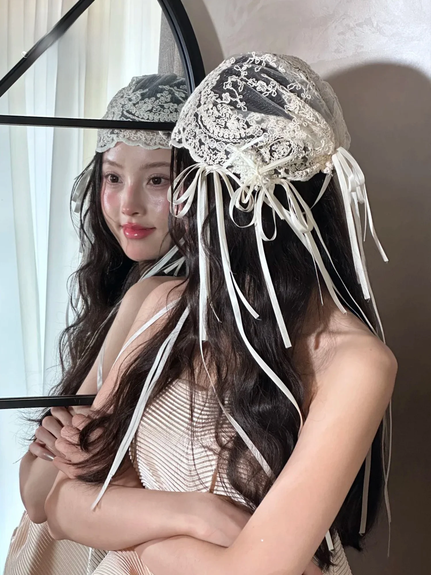 Bridal Vintage Lace Headpiece Veil Headscarf  Knot Hair Accessory Morning Robe Wedding Dress Accompanying Accessories - 4