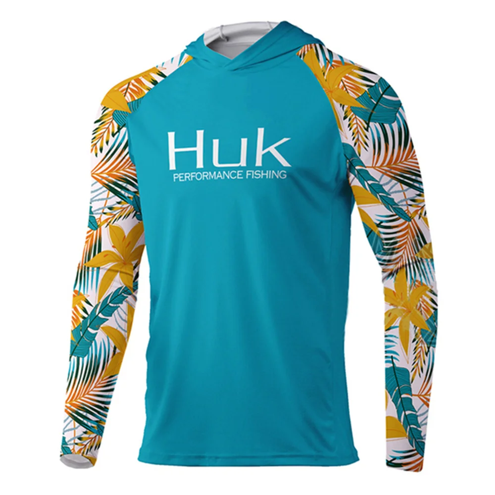 HUK Fishing T-shirt hooded Fishing Shirt Men Long Sleeve Uv