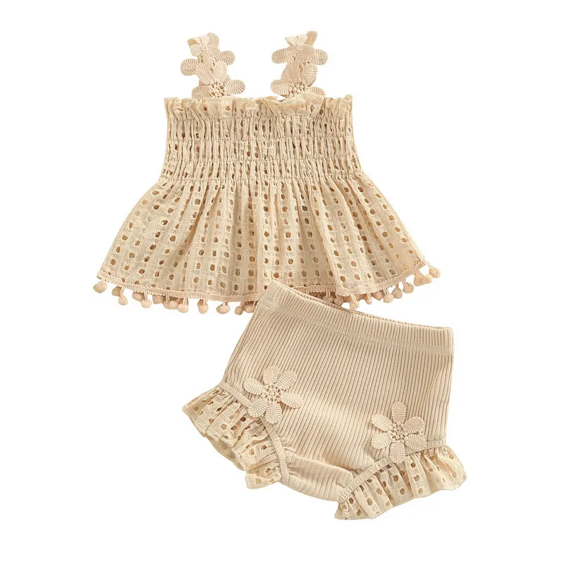 

Newborn Baby Girl Short Sets Summer Clothes 2023 Solid Color Cutout Pleated Tops Ruffle Shorts Baby 2Pcs Set Children's Clothing