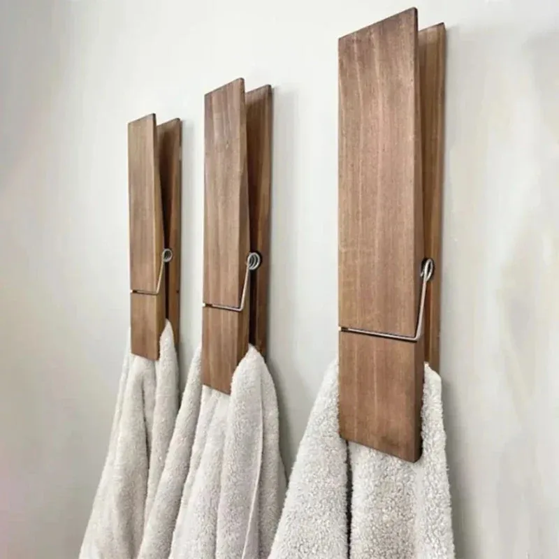 Towel holder 1pc Extra-Large Wooden Clip Towel Holder Set Bathroom Decor Wall-Mounted Towel Rack Multipurpose Home Laundry Decoration