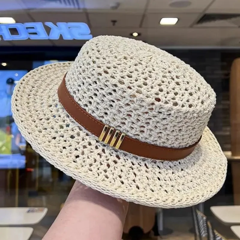 New Flat Top Sun Hat 2026 Delicate Weaving Straw Hat Summer Straw Hat Pearl New Elastic Ribbon Hat Sombreros Chapeau Femme