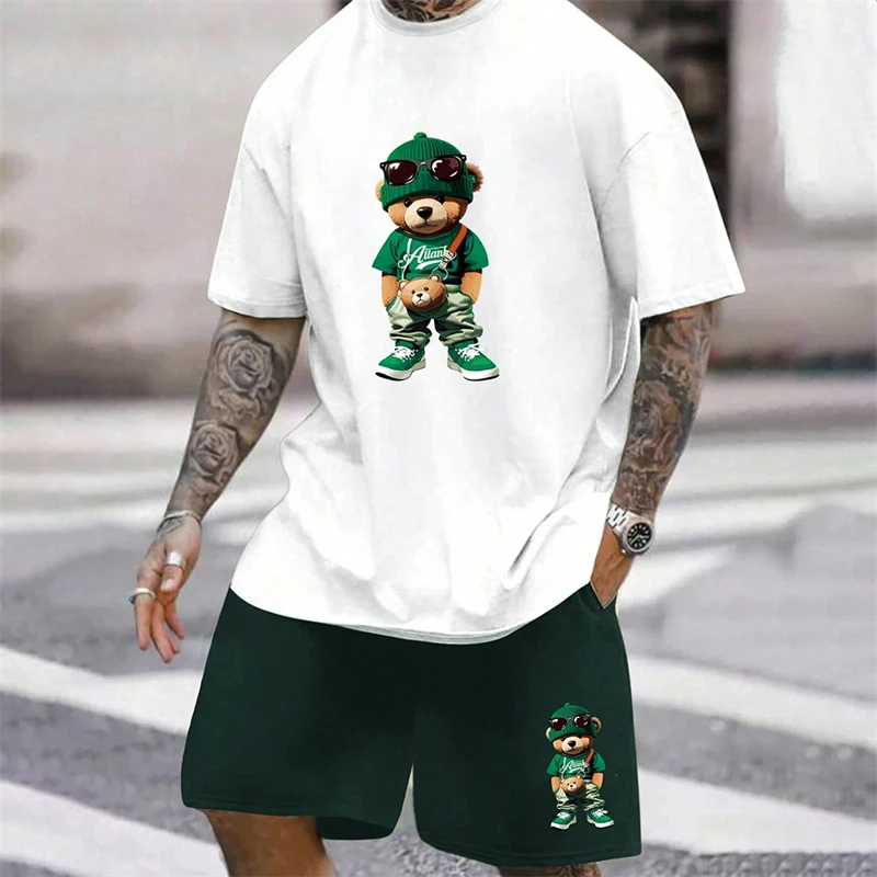 2024 Fun Bear Harajuku T-Shirt Men's Summer Loose Daily Couple Suit Outdoor Street Short Sleeve Shorts Two Piece Men Summer Suit 5