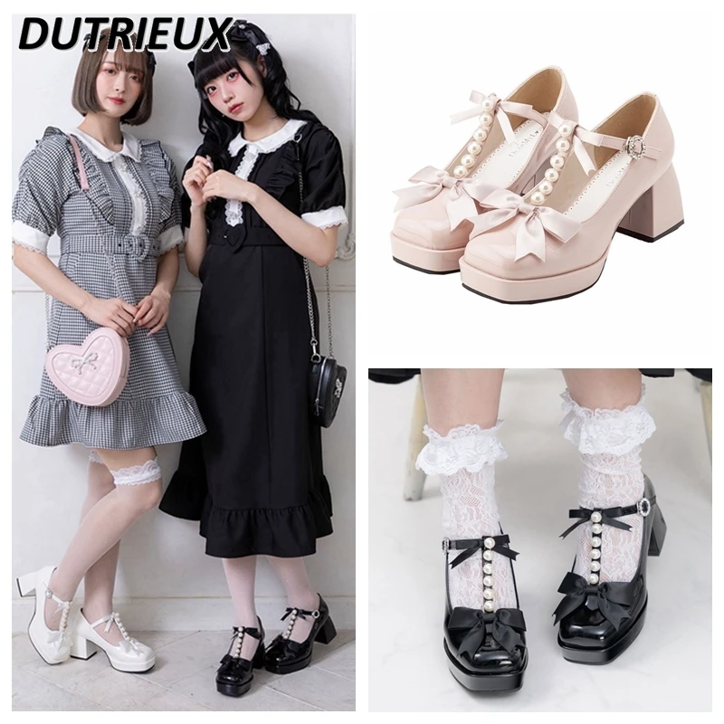 Japanese Style Ins Trendy Sweet Kawaii Bow Pearl T Shape Lolita High Heels Mary Jane Girl Chunky Heel Shoes for Women