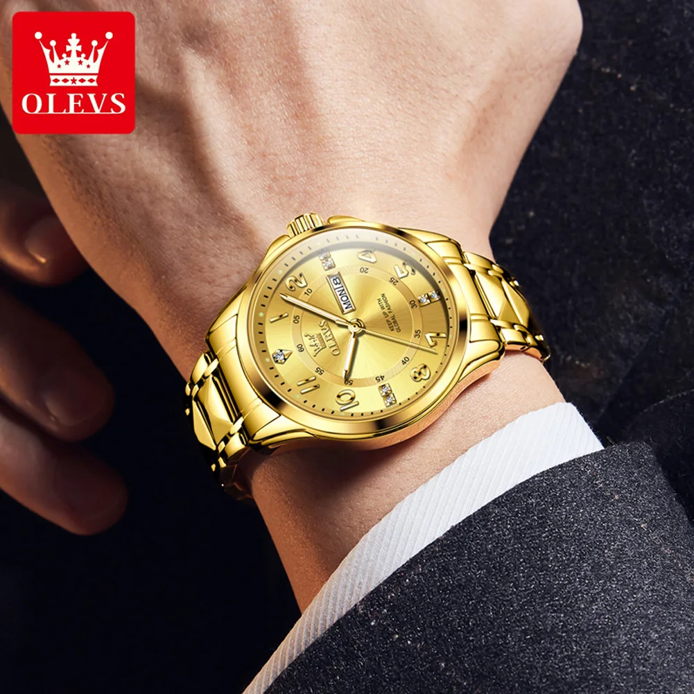 OLEVS 2910 Men's Watch Luxury Dual Calendar Quartz Watch For Men Number Dial Stainless Steel Wristwatch Waterproof Luminous