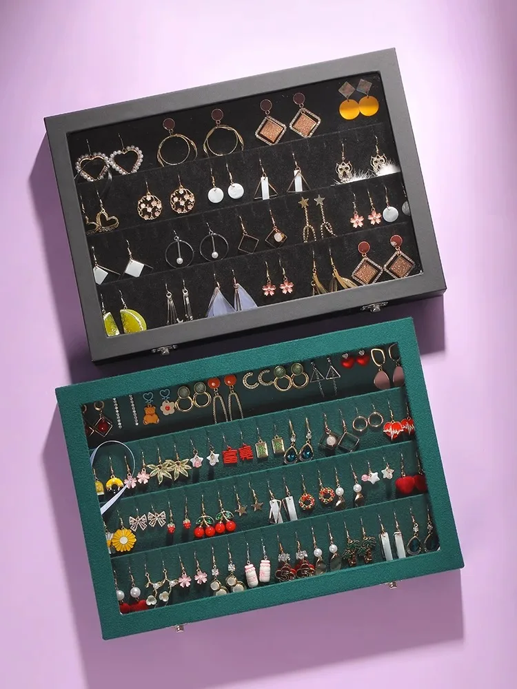 Velvet Clear Lid Earring Box Organizer Storage 32 Pairs Earrings Stud Tray Showcase Display Case