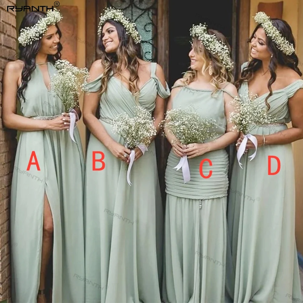 

Sage Green Bridesmaid Dresses 2022 Chiffon A-Line Off Shoulder Side Split Pleat Floor Length Wedding Party Gowns With Sashes