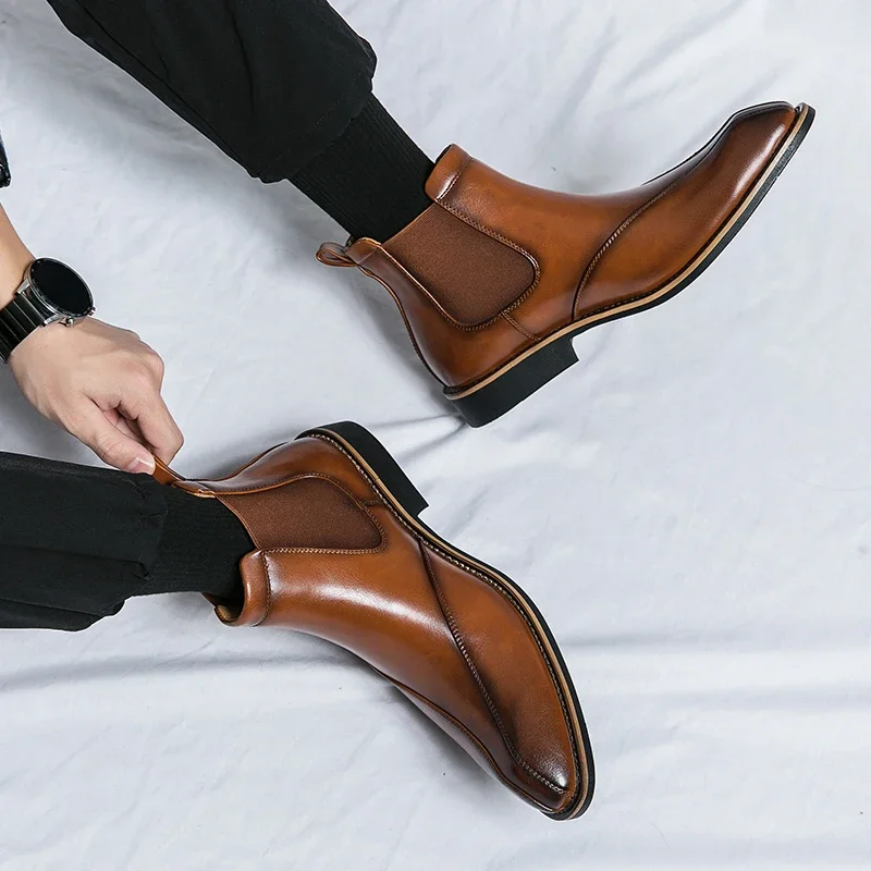 Men Chelsea Boots New Brown Chelsea Boots for Men Ankle Business Square Toe 38-45