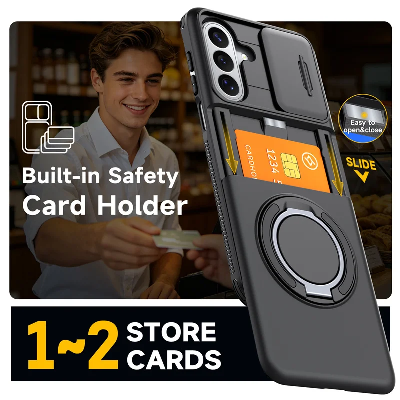 Magnetic Armor Card Wallet Case with Phone Ring Holder Cover