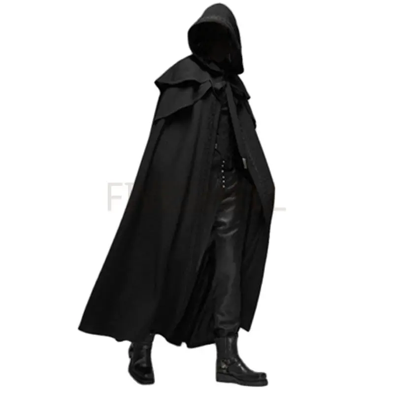 Medievale Vintage Con Cappuccio Sciolto Mantello Nero Cappotti Antivento Trench Chic Inverno Lungo Mantello Poncho Gotico Mens Monaco Halloween Cospla