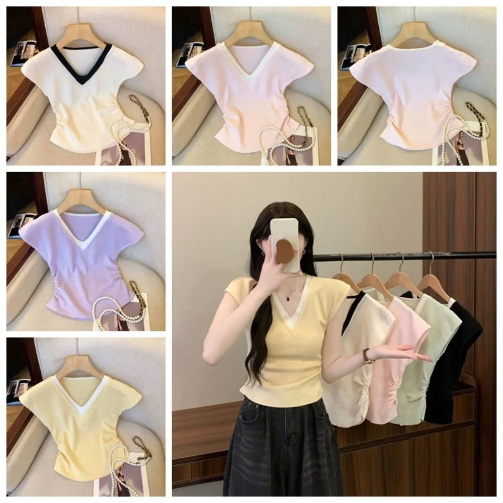 Simple Patchwork Fake Two Pieces T-shirts V-neck Short Sleeve Slim Crop Top Korean Style Sweet Girl's Top Lady Girl
