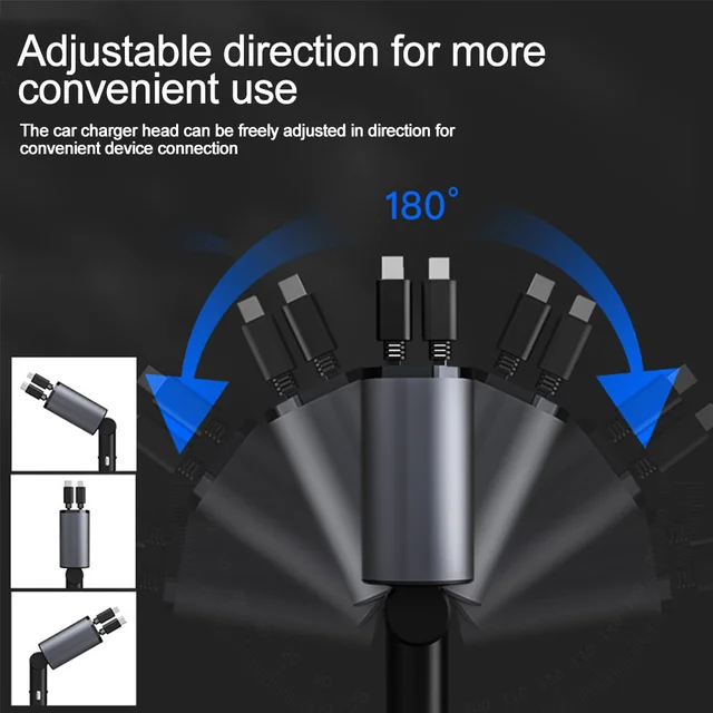 Car Phone Charger Adapter 120W USB Type C Fast Charger Cable with Retractable Cords Volt Display Fit for iPhone IPad Samsung 4