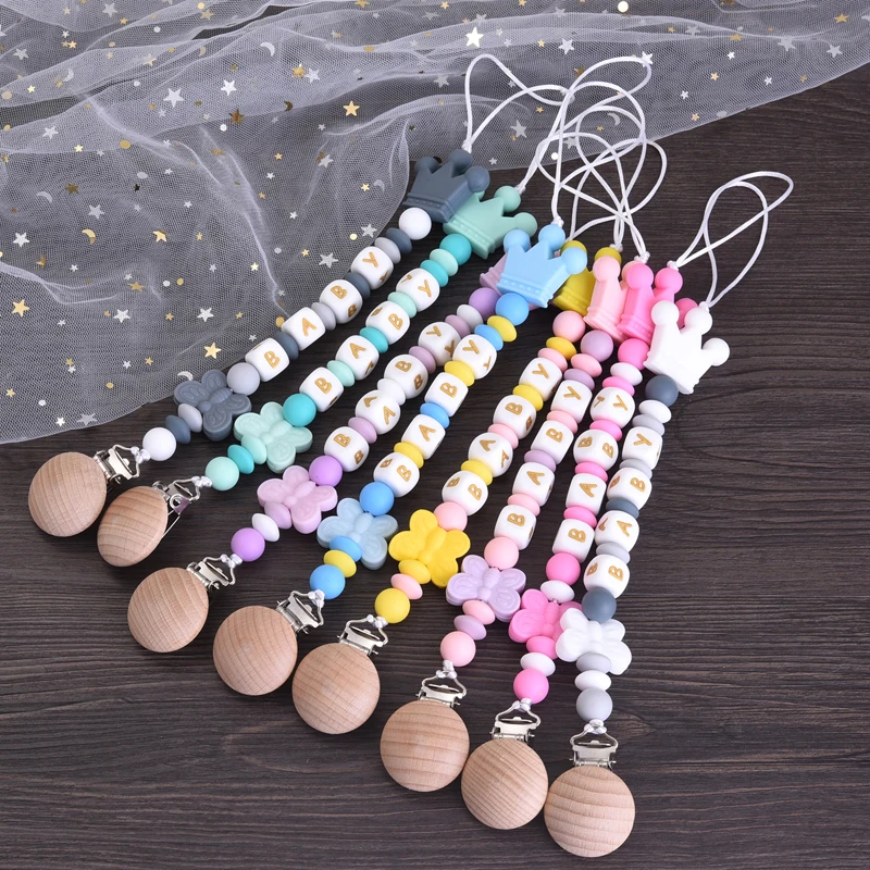 Round Wood Baby Dummy Holder Clip Crown Butterfly Silicone Beaded Teether Custom English Letter Name Pacifier Chain Nursing Toy 3