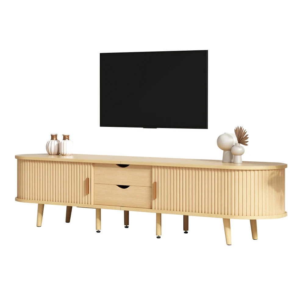 Wohnzimmer-TV-Schrank mit Stauraum + runder Tischplatte, MDF-Holzschnitzerei, 2 Schubladen, Tragfähigkeit 30 kg – Detail 14