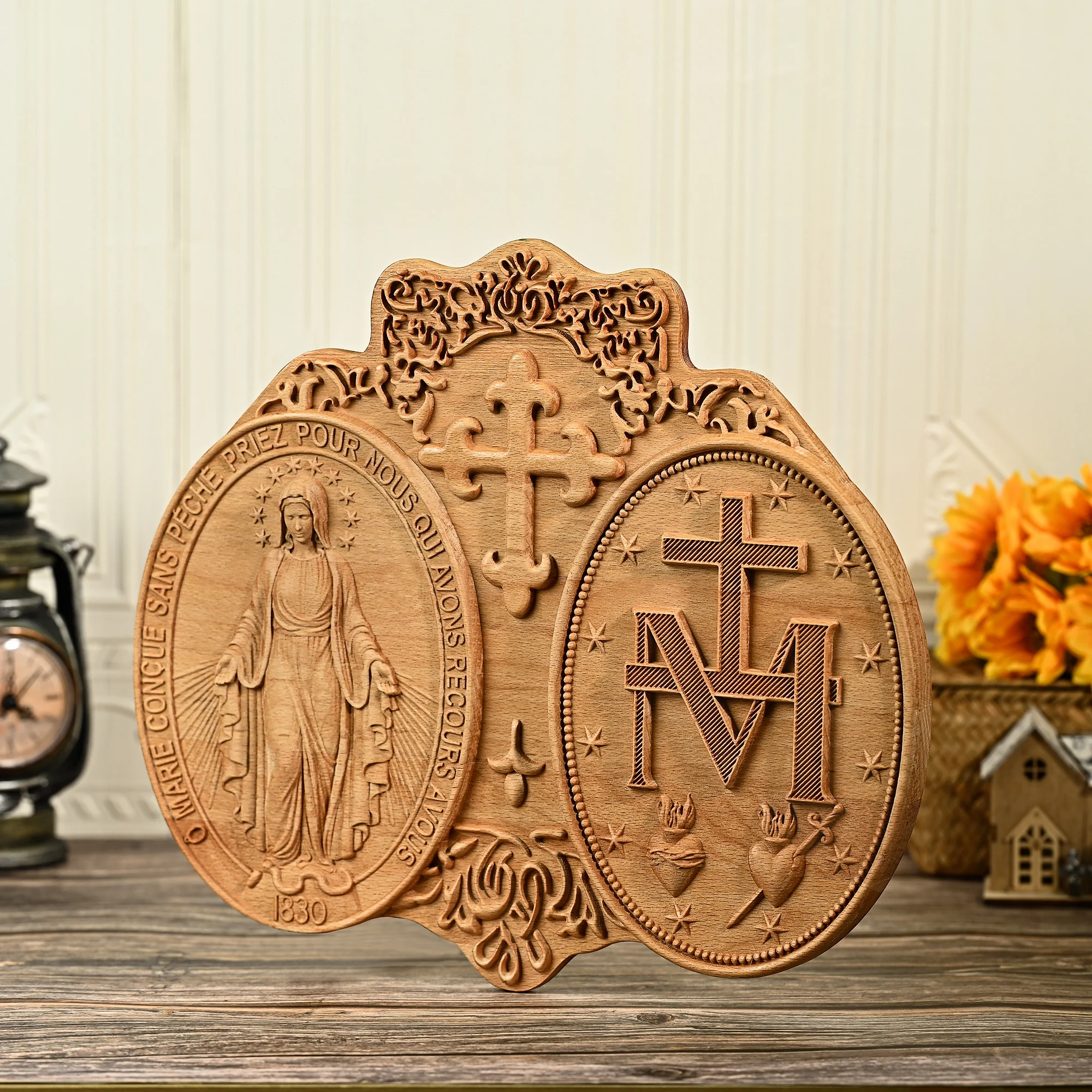 Miraculous Medal Virgin Mary, wood carving decoration, Grace Medal, Glory Mary statue, Catholic art gift