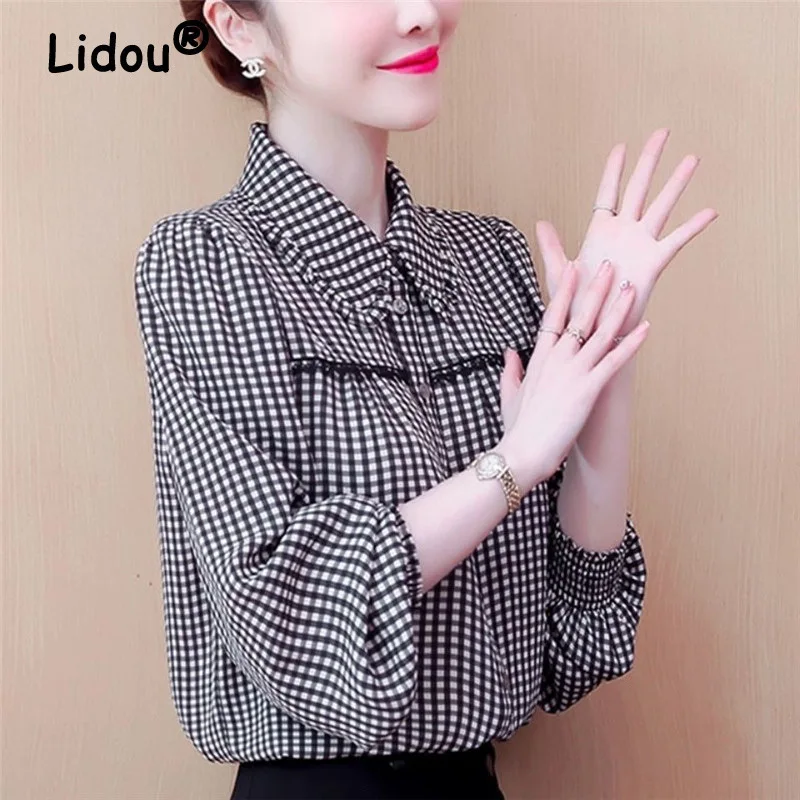 Plaid Elegant Sweet Chic Ruffle Lace Patchwork Korean Fashion Blouse Women Casual Long Sleeve Loose Button Up Shirts Ladies Tops