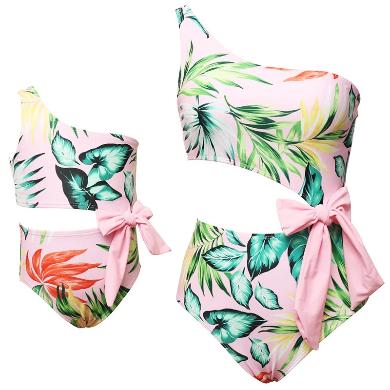 2025 New Summer Women Girls Swimwear Family Matching Outfits Mother and Daughter Clothes Bow Bikini One-Piece Swimsuit Beachwear 2