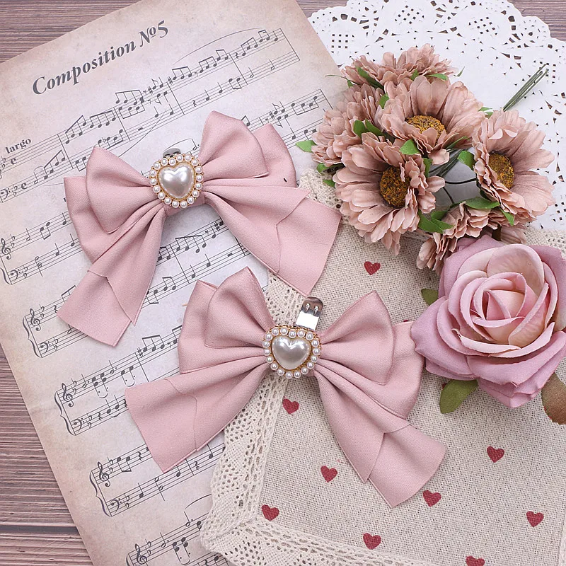 Handmade Japanese Style Pearl Heart Big Bow Shoe Clip Student Girls Sweet Cute Shoe Buckle Lolita Shoe Accessories