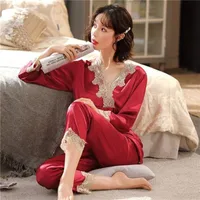 Ice Silk Pajamas Women Long Sleeve Lace Green Premium Sense Two Piece Sweet Homewear Love Blue - Image 4