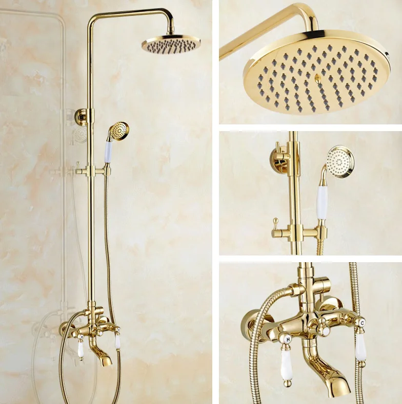 

Golden Brass Bathroom Faucet Set 8" Rainfall/Handheld Shower Faucets Kit Bathtub Hot And Cold Shower Water Taps Dgf374