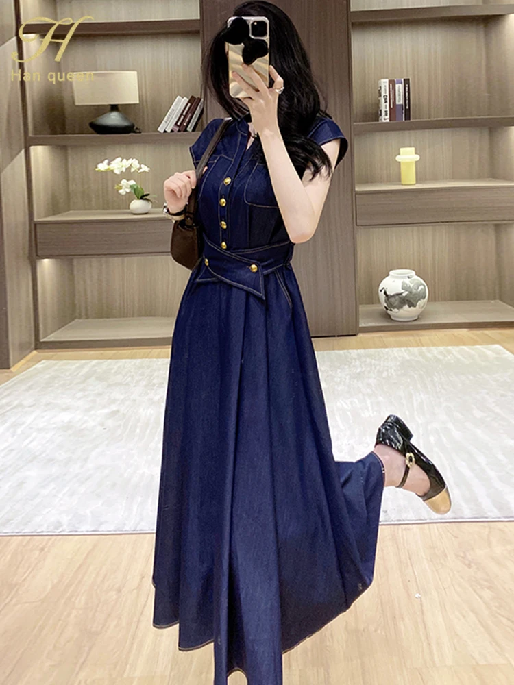 H Han Queen Summer Chic Women Blue Denim Long Dress High Waist A-line Lace up Single breasted Thin Elegant Street Party Dresses - AliExpress 200000345 H Han Queen Summer Chic Women Blue Denim Long Dress High Waist A-line Lace up Single breasted Thin Elegant Street Party Dresses - AliExpress 200000345