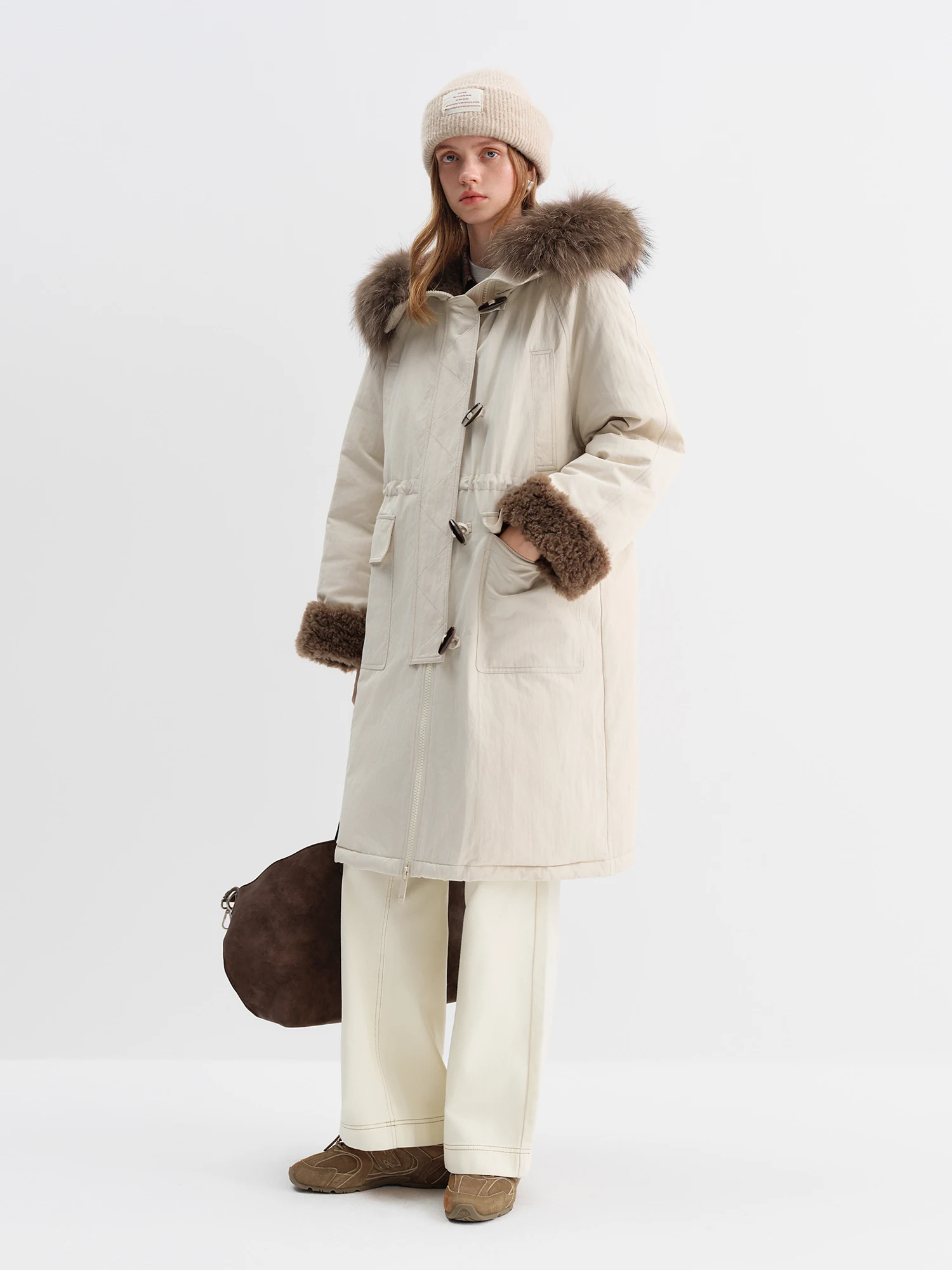 FSLE Women's Fur-Lined Down Parka with Wool Blending Mid-Length Winter Jacket for 2025 Winter New Arrival Long Hooded Jacket