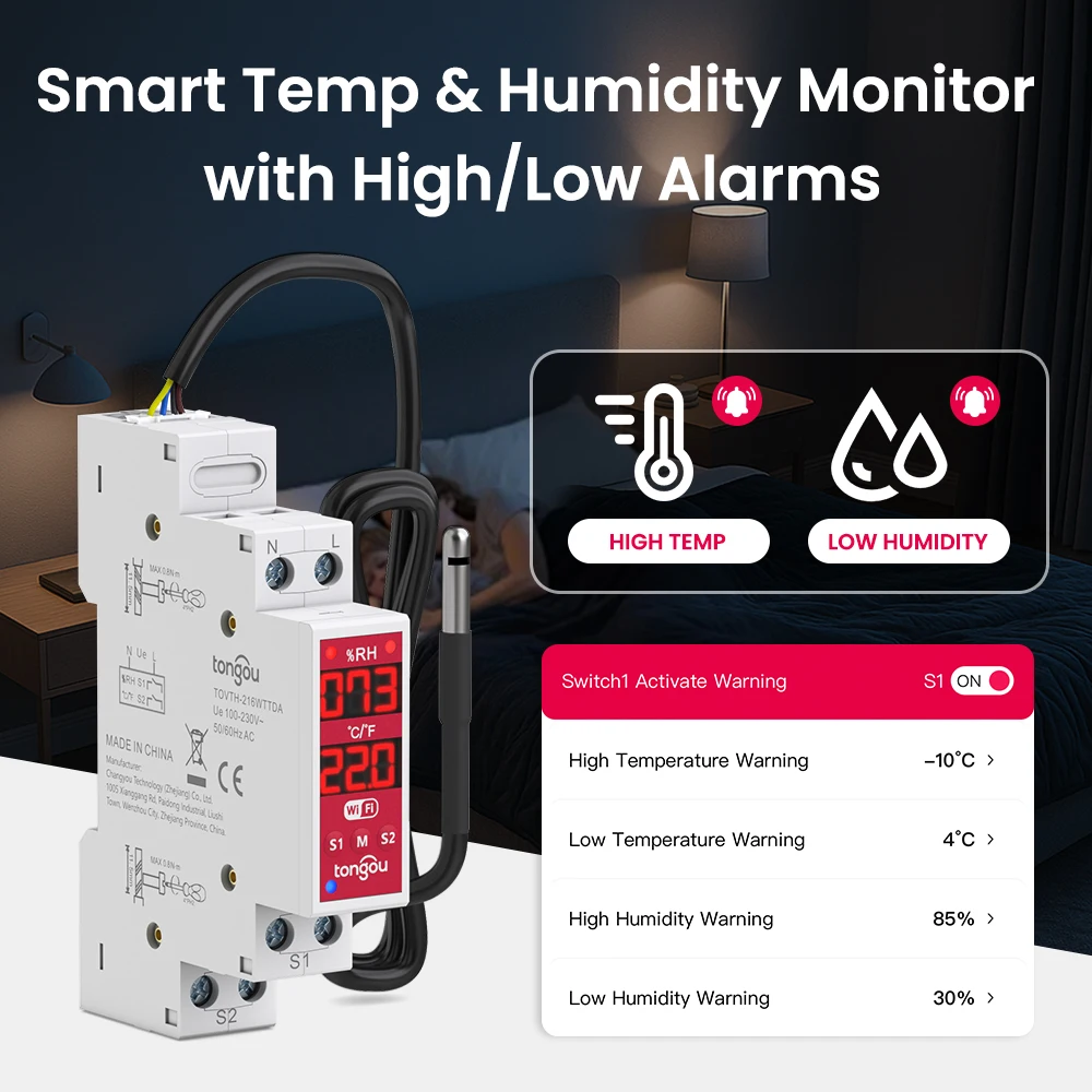 WiFi Tuya DIN Rail 2-Gang 18mm Smart Switch with Temp & Humidity Sensor, 3840W