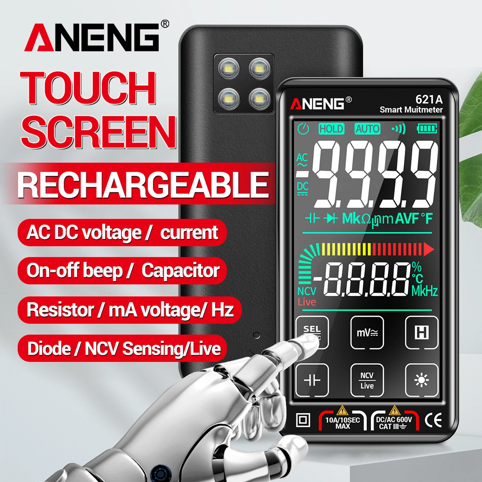 

Lepmerk 621A Smart Digital Multimeter Touch Screen Multimetro Tester transistor 9999 Counts True RMS Auto Range DC/AC 10A Meter