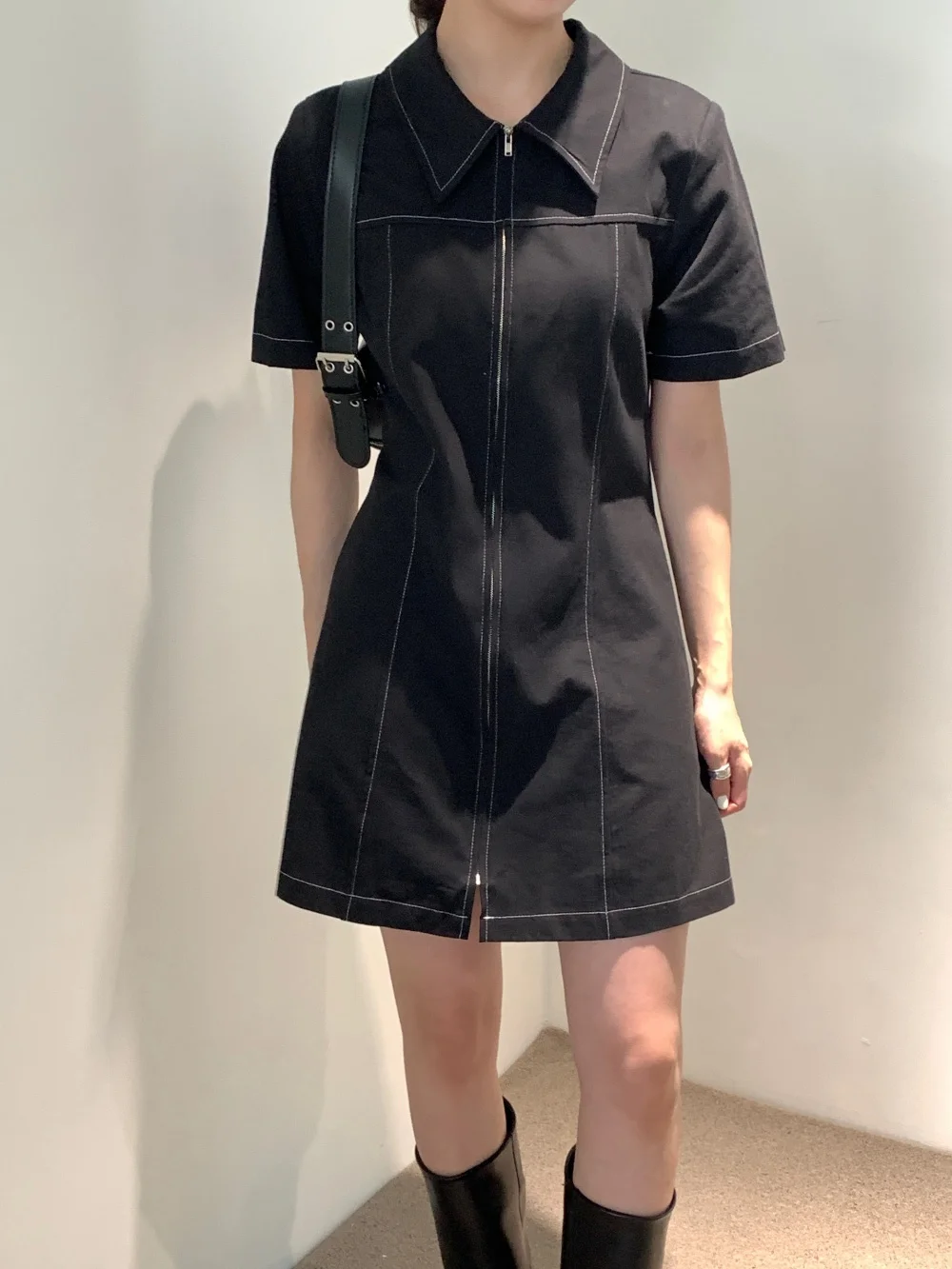 

Polo Collar Dress for Small women, Zip-up, One Piece Dress, Korean Style, Chic Temperament, Slim Fit, Little Short Dress